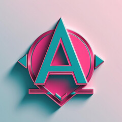 Poster - Teal letter inside of pink circle with geometric shapes in light shaded environment illustration