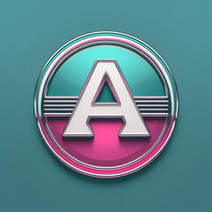 Poster - Letter inside a circle with teal and magenta sections and metallic accents, presented on a teal surface