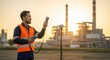 © DigitalSpace - Industrial worker assessing emission levels during golden hour outdoors