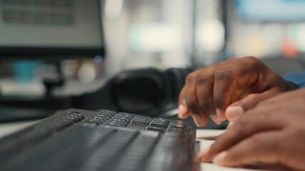 Poster - Close up of black employee leverages report writing for business development and monthly performance results, resources and insights to ensure strategic goals achievement. Camera B.