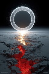 Poster - Futuristic glowing ring above a fragmented red-lit landscape