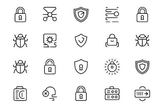 Cybersecurity Line Icons: A collection of 20 minimalist black and white vector icons depicting security, privacy, and data protection elements.