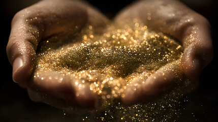 Poster - hands holding golden glitter on dark background