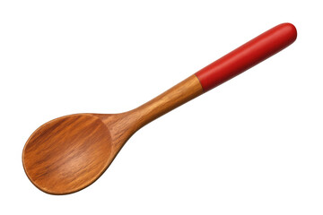 Wooden cooking spoon with red handle isolated on transparent background, ready for easy compositing