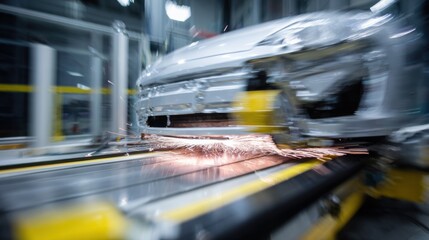 Poster - Car body gliding along the assembly line in a bustling car factory, sparks flying from advanced machinery as skilled workers assemble components with precision and efficiency