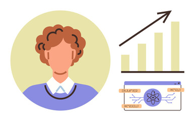 Poster - Businesswoman avatar beside a rising bar chart and a futuristic ID card with atomic design. Ideal for career progress, leadership, achievement, analytics, innovation, blockchain, and simple landing