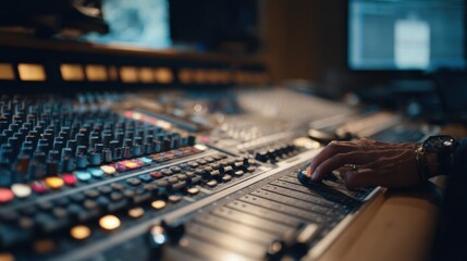 Poster - Close up view of a hand skillfully adjusting audio levels on a professional mixing console in a recording studio, fine tuning sound for optimal music production and creative expression
