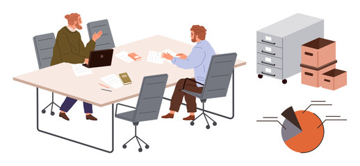 Poster - Two colleagues collaborating at a table with laptops, documents, and stationery. Nearby file cabinets, storage boxes, and a pie chart reinforce themes of organization and data management. Ideal