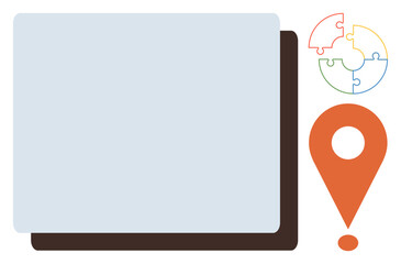 Poster - Geolocation pin, layered rectangular panels, circular puzzle pieces. Ideal for problem-solving, navigation, planning, collaboration, creativity location-based strategies learning. Simple flat
