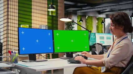 Poster - Focused office administrator using data for forecast with a green screen, building a new development strategy to expand the business and boost performance reports. Professional objectives. Camera A.