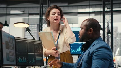 Poster - Multiethnic work team consulting each other in completing monthly reports, reviewing KPI data insights for business productivity. Collaboration between employees for success. Camera B.