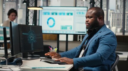 Poster - Black engineer uses artificial intelligence systems for automation and data mining, employing neural networks for innovation and digitalization. Multinational company functions with AI. Camera B.