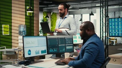 Poster - General manager uses digital technology to forecast business performance in a multinational company office, creating strategy reports leveraging data insights to optimize management. Camera A.