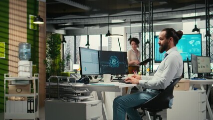 Poster - IT specialist uses AI neural networks for data sharing and digitalization, working in a multinational company with automation tools. Artificial intelligence models for business success. Camera A.