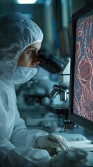 Poster - Medical professional in protective clothing examines cells on a digital screen to assess embryo quality during in vitro fertilization procedures.