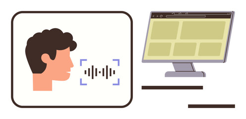 Poster - Person speaking with sound waves near face and data on computer monitor. Ideal for artificial intelligence, voice interface, communication, data analysis, speech recognition, technology, automation