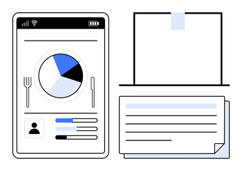 Poster - Mobile dietary tracker with pie chart, user profile, and progress bars next to a notebook and sticky note setup. Ideal for health monitoring, note-taking, productivity, planning, data management
