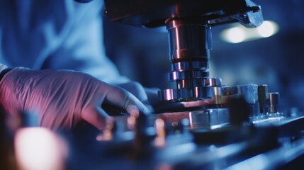 Poster - Close up of gloved hands operating a high precision industrial machine in a technologically advanced factory setting, showcasing the intricacies of modern manufacturing and engineering