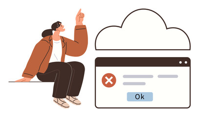 Poster - Woman seated pointing up beside cloud icon and error dialog box with Ok button. Ideal for cloud service challenges, technology issues, error alerts, online troubleshooting, digital communication