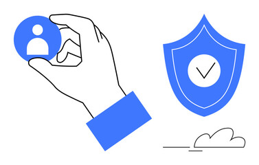 Poster - Hand selects user profile icon beside shield with checkmark for security, trust, user authentication. Ideal for data protection, privacy, user management, cybersecurity, integrity, identity simple