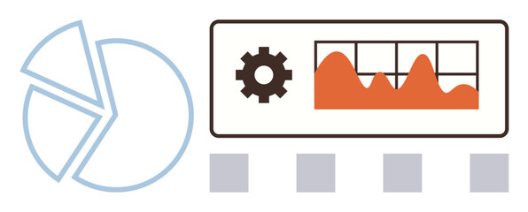 Poster - Pie chart, gear icon, and dashboard displaying an orange line graph and grid layout. Ideal for analytics, trends, business metrics, planning, research productivity and innovation. A simple flat