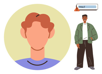 Poster - Anonymous face in focus, individual with casual attire next to alert indicating profile link issue. Ideal for online security, digital identity, privacy, user authentication, social media, data
