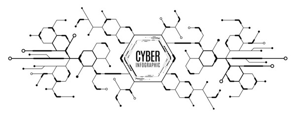 Poster - Sci-fi cyber diagram with connected black hexagons on white background. Infographic UI elements for digital, AI, blockchain, or data network concepts. Vector illustration.