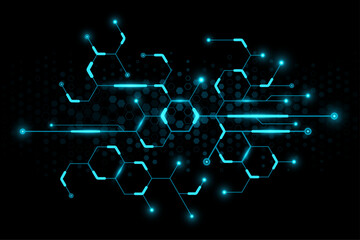 Poster - Futuristic cyber pattern with glowing blue connected hexagons on black background. Infographic UI elements for digital design, AI, blockchain, or data network concepts. Vector illustration.