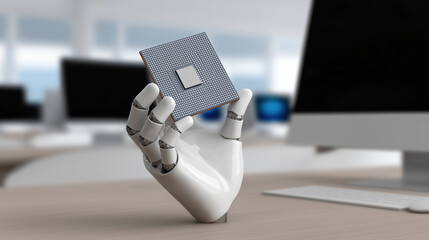 Poster - Robotic hand holding a computer chip in a modern office environment