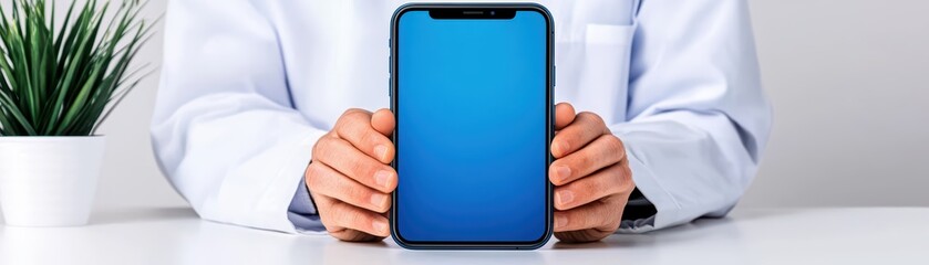 Poster - Person Holding Blank Smartphone Display in Modern Office Setting