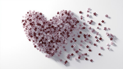 Poster - Heart made of scattered pink and maroon flowers on a white background in sunlight