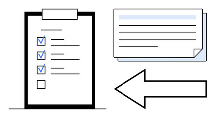 Poster - Checklist on clipboard with completed tasks, documents beside it, and large arrow pointing left. Ideal for organization, planning, productivity, workflow, task tracking strategy navigation. Simple