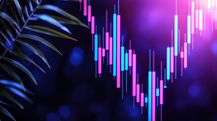 Poster - Colorful Candlestick Chart with Palm Leaf Background