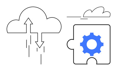 Poster - Cloud with arrows representing data upload and download, alongside a puzzle piece with a gear. Ideal for cloud computing, integration, data exchange, technology solutions, process automation, system