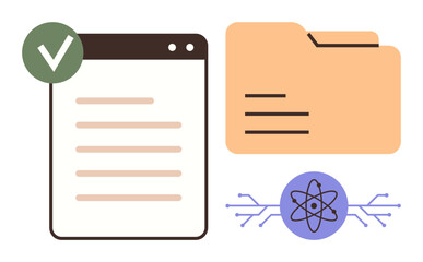 Poster - Document with approval checkmark, file folder for data organization, and atom symbol with circuits for technology. Ideal for workflows, data storage, science, validation, research, technology simple