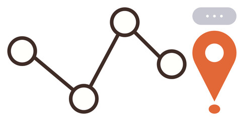 Poster - Black linear graph with circular nodes linked, orange location marker with speech bubble above. Ideal for navigation, data analysis, tracking, planning, communication, progress mapping, technology