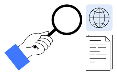 Poster - Hand with magnifying glass focusing on a document and a globe icon, symbolizing investigation, research, and data analysis. Ideal for education, global business, auditing, discovery, exploration