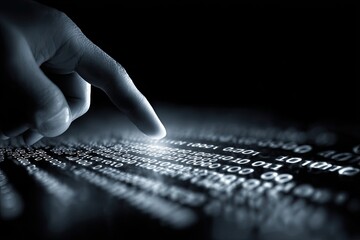 A hand's fingertip hovers over lines of digital code