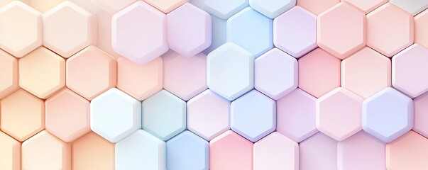 Poster - A soft dreamlike hexagonal background with pastel colors like lavender peach and sky blue gently blending between each shape