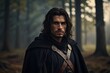 © Paull - Experienced warrior. Portrait of a courageous warrior wanderer in a black cloak and sword in hand. Historical fantasy.