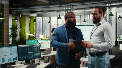 Poster - Businessmen analysts monitoring efficiency insights at the workspace, utilizing analytics to plan forecast for detailed performance metrics and statements, business management. Camera A.