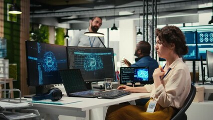 Poster - Woman analyst uses AI neural networks for data mining and optimization, working in a multinational company with automation tools. Artificial intelligence digital tools for success. Camera A.