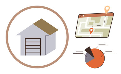 Poster - Warehouse structure with brown roof, GPS map with location pins, pie chart with segments. Ideal for logistics, supply chain, business operations, inventory, navigation, data analysis delivery
