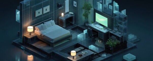 Poster - Isometric digital room with futuristic AI integrated design and wireframe aesthetics