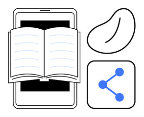 Poster - Open book on smartphone screen, abstract bean shape, sharing network icon with nodes. Ideal for education, e-books, technology, communication, connection, digital tools simple landing page