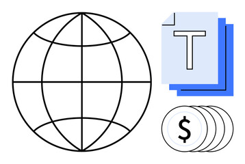 Poster - Globe icon, stacked documents with text, and coin symbols signifying global networking, data sharing, finance, international collaboration, information exchange, digital systems, simple landing page