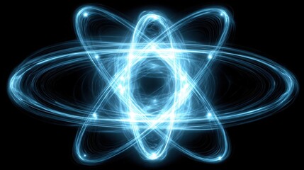 Poster - A vibrant blue atom representing quantum-enabled investment concepts in modern financial technology and innovation