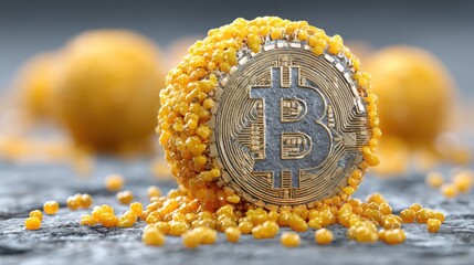 Poster - Detailed close-up of multiple bitcoin coins stacked together in a digital and cryptocurrency context