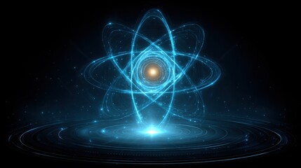 Poster - Futuristic quantum finance matrix icon concept featuring a blue and black atom representing financial technology