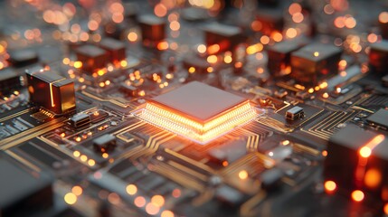 Poster - Close-up view of a circuit board with a glowing processor.